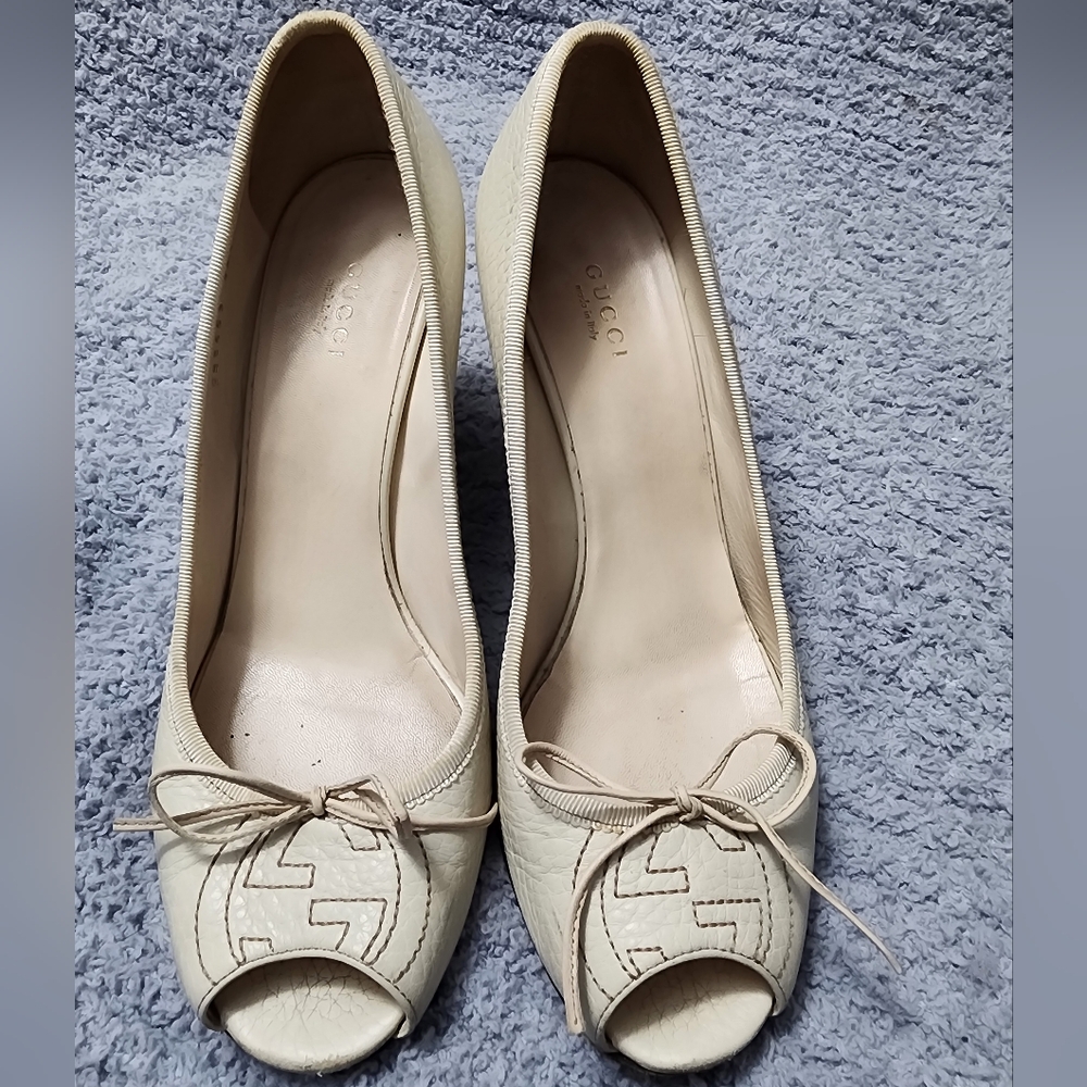 Gucci Women's Beige Peep-Toe Wedge Heels